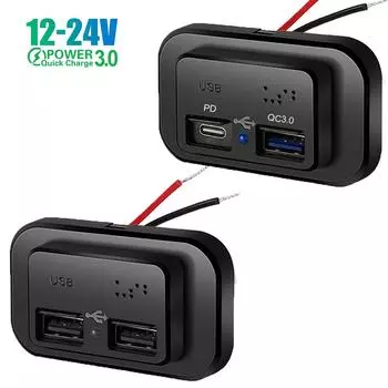 Автомобильное зарядное устройство 12 В-24 В, розетка QC3.0 PD, два USB-порта, адаптер питания для быстрой зарядки для автомобиля, мотоцикла, грузовика, лодки, автобуса, автодома
