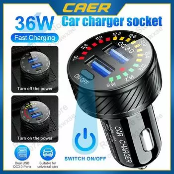 Автомобильное зарядное устройство 12 В/24 В QC 3.0, быстрая зарядка, 18 Вт, двойной USB, светодиодный вольтметр с подсветкой, переключатель ВКЛ./ВЫКЛ., адаптер прикуривателя чёрный