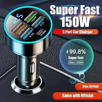 Автомобильное зарядное устройство 150 Вт 4 Usb Type C Pd Быстрая зарядка для Iphone 14 Pro Max 13 12 11 Mini Xs Huawei Xiaomi Oppo Oneplus мобильного телефона 5 Port Car Charger