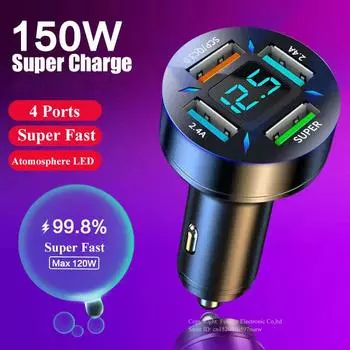 Автомобильное зарядное устройство 150 Вт, 4 порта, быстрая зарядка для мобильных телефонов Iphone 13 Pro Max 14 12 11 Min Xiaomi Samsung Oneplus Oppo Huawei 66W Car Charger