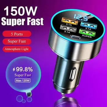 Автомобильное зарядное устройство 150 Вт, быстрая зарядка, 4 порта USB Type C Pd для Iphone 14 13 Pro Max 11 12 Mini Xs Xr Oneplus Oppo Huawei Xiaomi Phone 5 Port Car Charger