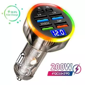 Автомобильное зарядное устройство 200 Вт, 6 портов, PD QC3.0, быстрая зарядка, USB C, автомобильное зарядное устройство для телефона, адаптер типа C в автомобиле для iPhone, Samsung, Huawei, Xiaomi