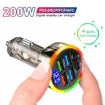 Автомобильное зарядное устройство 200 Вт, 6 портов QC3.0 PD, тип C, быстрая зарядка, автомобильный адаптер для мобильных телефонов для iPhone, Samsung, Huawei, Xiaomi QC 3.0
