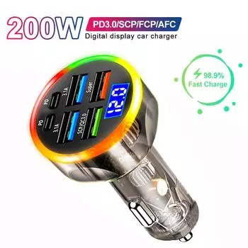 Автомобильное зарядное устройство 200 Вт, 6 портов, быстрая зарядка с цифровым дисплеем, PD QC3.0, USB C, адаптер для быстрой зарядки для iPhone, Samsung, Xiaomi
