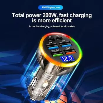 Автомобильное зарядное устройство 200 Вт, прикуриватель PD QC3.0, быстрая зарядка для iPhone, 6 портов USB Type C, разъем прикуривателя автомобиля с цифровым дисплеем