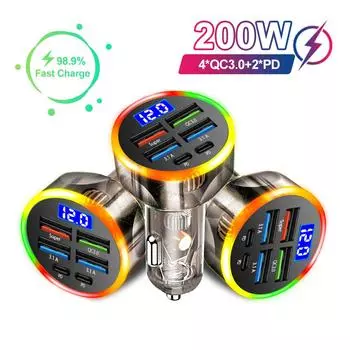 Автомобильное зарядное устройство 200 Вт QC3.0 Type-C Quick Charge Прозрачный чехол PD для iPhone 15 14 13 12 Xiaomi Poco Samsung Быстрая зарядка