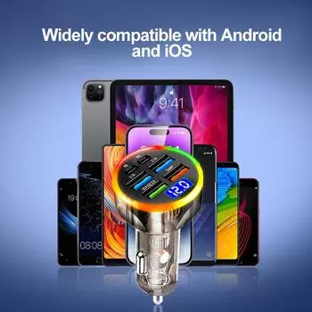 Автомобильное зарядное устройство 200 Вт с дисплеем напряжения, 6 портов Type-C, быстрая зарядка PD для iPhone 15 14 13 12 Xiaomi Poco Samsung, быстрая зарядка