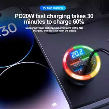 Автомобильное зарядное устройство 200 Вт с 6 портами, быстрая зарядка, цифровой дисплей напряжения PD QC3.0 USB C с адаптером окружающего света для iPhone Samsung