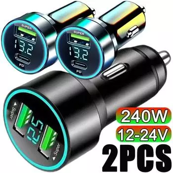 Автомобильное зарядное устройство 240 Вт, 2 порта USB, быстрая зарядка для iPhone, адаптер для быстрой зарядки с цифровым дисплеем, автомобильные зарядные устройства