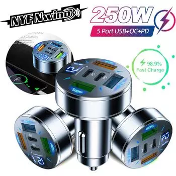 Автомобильное зарядное устройство 250 Вт QC 3.0 USB Type-C Быстрая зарядка 2-5 портов USB A+USB C Быстрая зарядка адаптер прикуривателя для iPhone Xiaomi