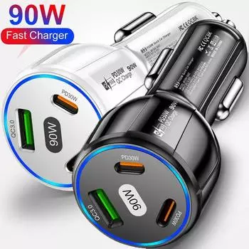 Автомобильное зарядное устройство 3 в 1 мощностью 90 Вт QC3.0 PD Type C USB для быстрой зарядки мобильных телефонов iPhone Xiaomi Samsung Автомобильный адаптер для быстрой зарядки белый
