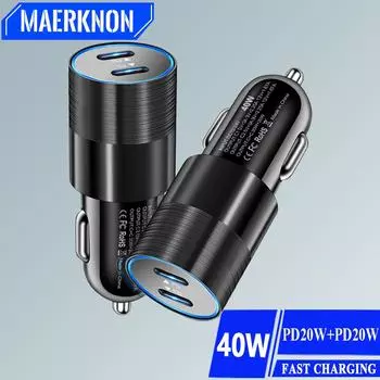 Автомобильное зарядное устройство 40 Вт с двумя PD-портами, быстрая зарядка, тип USB C, быстрое зарядное устройство в автомобиле для мобильного телефона iPhone15 Pro Max Xiaomi 14 Huawei Silver