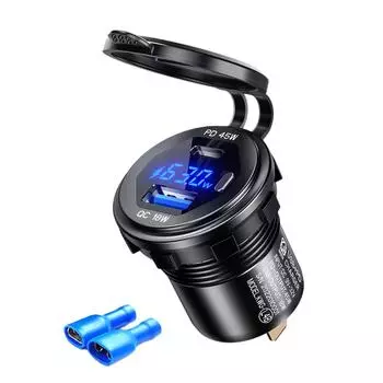 Автомобильное зарядное устройство 45 Вт 12 В/24 В, адаптер с двумя портами USB и вольтметром для автомобиля, мотоцикла with wire синий