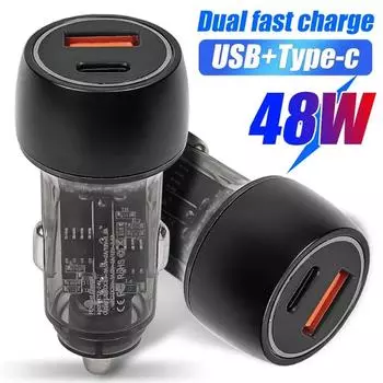 Автомобильное зарядное устройство 48 Вт, адаптер питания для быстрой зарядки, аксессуары, USB Type-C, сверхбыстрая зарядка, прозрачное черное автомобильное зарядное устройство