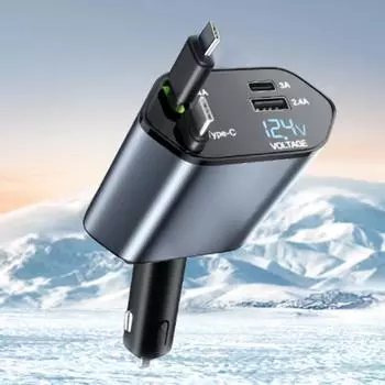 Автомобильное зарядное устройство 4-в-1, быстрая зарядка 120 Вт, втягивающийся кабель, 2 порта USB, совместимо со всеми автомобилями, двойной TYPE-C
