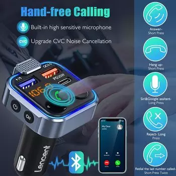 Автомобильное зарядное устройство 4-в-1 с Bluetooth 5.3 - быстрая зарядка PD/QC 48 Вт, FM-передатчик и усиление басов для iPhone/Samsung Blue-38W