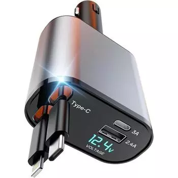 Автомобильное зарядное устройство 4-в-1, быстрая зарядка 100 Вт, два кабеля, дисплей напряжения, для iPhone 15/14/Samsung