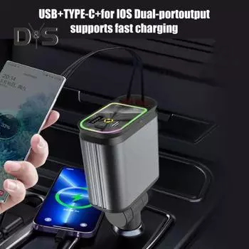 Автомобильное зарядное устройство 4-в-1 с быстрой зарядкой, двойным кабелем Type-C, портом USB-A, универсальным автомобильным адаптером для планшетов iPhone A