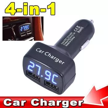 Автомобильное зарядное устройство 4 в 1, быстрая зарядка 3,1 А, двойной USB-дисплей, ЖК-дисплей с датчиком температуры/напряжения/тока, адаптером-тестером, цифровой дисплей