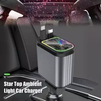 Автомобильное зарядное устройство 4-в-1 с быстрой зарядкой, двойным кабелем Type-C, портом USB-A, универсальным A