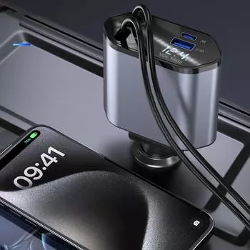 Автомобильное зарядное устройство 4 в 1, выдвижной автомобильный прикуриватель, USB-адаптер типа C, кабель для быстрой зарядки для Xiaomi, Huawei, Samsung чёрный