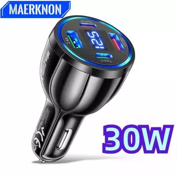 Автомобильное зарядное устройство 4 в 1 USB C 30 Вт Type C PD Адаптер быстрой зарядки с цифровым дисплеем напряжения для мобильного телефона iPhone Xiaomi в автомобиле Black