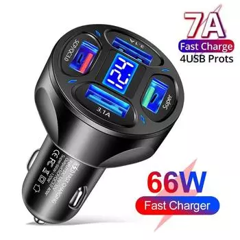 Автомобильное зарядное устройство 5 В/7 А, 4 порта USB с дисплеем напряжения, быстрая зарядка 3,0, быстрая зарядка, автомобильное зарядное устройство для телефона, адаптер для Samsung, Huawei, Xiaomi чёрный