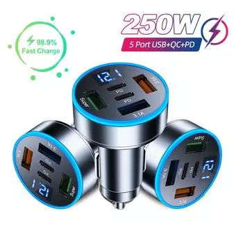 Автомобильное зарядное устройство 5 в 1, адаптер для быстрой зарядки, 3 порта USB + 2PD QC3.0 с монитором напряжения, зарядное устройство для телефона Type C USB для iPhone Samsung