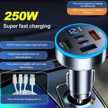 Автомобильное зарядное устройство 5 в 1, адаптер для быстрой зарядки, 3 порта USB + 2PD QC3.0 с монитором напряжения, зарядное устройство для телефона Type C USB для iPhone Samsung