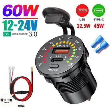 Автомобильное зарядное устройство 60 Вт QC3.0 USB Type-C с дисплеем напряжения, водонепроницаемый адаптер для быстрой зарядки iPhone Android (12-24) 2x QC3.0 Ports чёрный