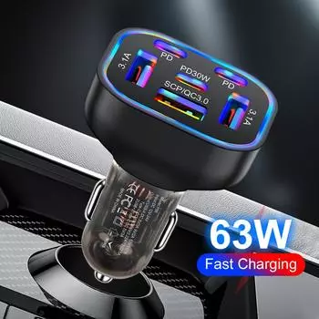 Автомобильное зарядное устройство 63 Вт 6 портов быстрая зарядка для iPhone Samsung Xiaomi Huawei QC3.0 быстрая зарядка PD USB Type C автомобильное зарядное устройство для мобильного телефона 6 Ports Car Charger