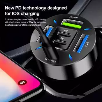 Автомобильное зарядное устройство 66 Вт, быстрая зарядка PD QC3.0 с вольтметром, адаптер питания для прикуривателя iPhone 11 12 Samsung Xiaomi