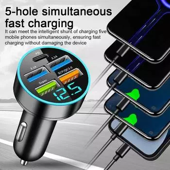 Автомобильное зарядное устройство 66 Вт QC 3.0 PD USB быстрая зарядка 5-портовое зарядное устройство для телефона автомобильное зарядное устройство адаптер прикуривателя зарядное устройство для iPhone чёрный