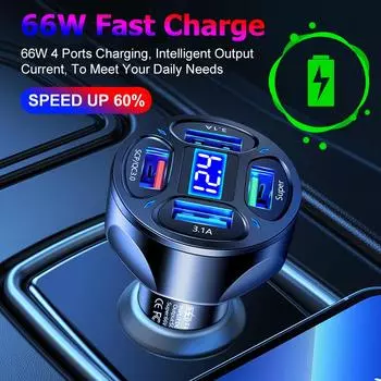 Автомобильное зарядное устройство 66 Вт QC 3.0 USB Автомобильное зарядное устройство Быстрая зарядка 4-портовое зарядное устройство для телефона Адаптер прикуривателя Зарядное устройство для iPhone Xiaomi