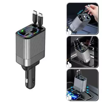 Автомобильное зарядное устройство Bluetooth 4 в 1, многофункциональное зарядное устройство, удобный в использовании адаптер для зарядки Type-C с цифровым дисплеем и выдвижным кабелем для iPhone