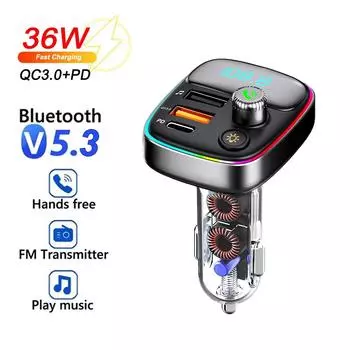 Автомобильное зарядное устройство Bluetooth 5.3 FM-передатчик Hands-free Call MP3-плеер 36 Вт PD QC3.0 адаптер для быстрой зарядки с разноцветными огнями чёрный