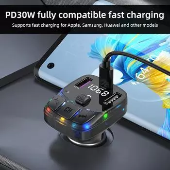 Автомобильное зарядное устройство Bluetooth 5.3 FM-передатчик Handsfree автомобильный радиомодулятор MP3-плеер с адаптером супер быстрой зарядки PD30W для автомобиля