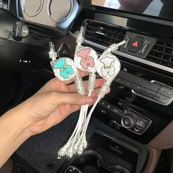 Автомобильное зарядное устройство Crystal Diamond Bear 1 в 3, кабель передачи данных, очаровательное, милое, автомобильное, быстрое, блестящие, автомобильные аксессуары для Android iPhone синий