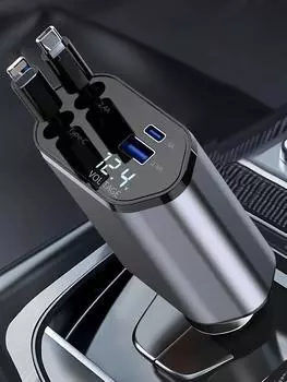 Автомобильное зарядное устройство для быстрой зарядки автомобильного прикуривателя с двойным кабелем расширения и двойным портом для автомобиля с дисплеем напряжения