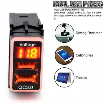 Автомобильное зарядное устройство для планшета с двумя USB-портами Qc3.0, адаптер 12 В, порты быстрой зарядки для телефона, светодиодный вольтметр, цифровой дисплей для Nissa Y6c7