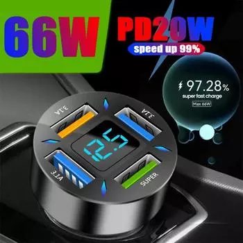 Автомобильное зарядное устройство для телефона, 4 порта USB Qc Pd, супер быстрая зарядка, универсальное автомобильное зарядное устройство для телефона, адаптер для Huawei Iphone Samsung Super Charge -3 USB