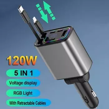 Автомобильное зарядное устройство для телефона 5 в 1, 120 Вт, с выдвижным кабелем, дисплеем напряжения, PD QC 3.0, быстрая зарядка, USB-адаптер типа C для iPhone, Huawei, Samsung