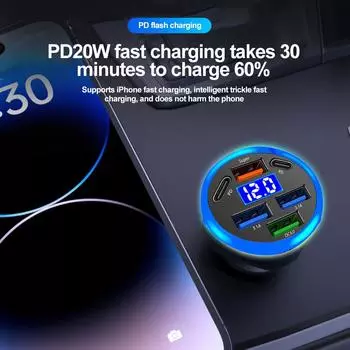 Автомобильное зарядное устройство для телефона 6 в 1 USB C с дисплеем напряжения Dual PD Super Fast для iPhone 15 Pro max OPPO Samsung Huawei
