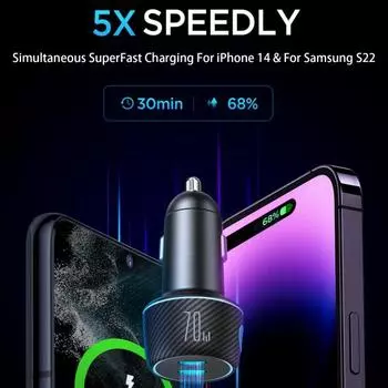Автомобильное зарядное устройство для телефона Ambient Dual Port 70W Light Charger для автомобильного телефона USB PD/QC