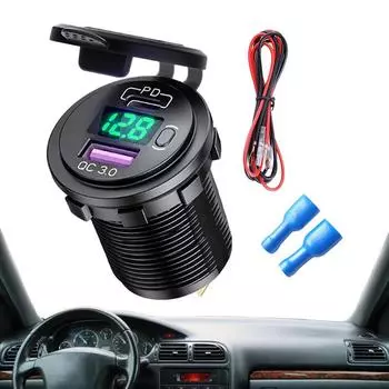 Автомобильное зарядное устройство для телефона, блок быстрой зарядки QC3.0 Type-C PD, двухпортовый адаптер с цифровым дисплеем, вольтметр, автомобильное зарядное устройство для телефона красный