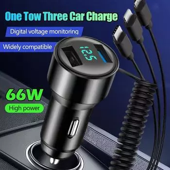 Автомобильное зарядное устройство для телефона мощностью 66 Вт с дисплеем напряжения, двойной USB-адаптер для быстрой зарядки + растягивающийся кабель 3 в 1