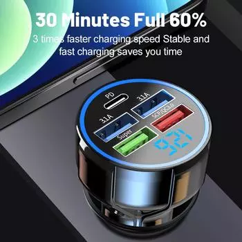 Автомобильное зарядное устройство для телефона новой модели 2025 года с быстрой зарядкой QC3.0, многофункциональный автомобильный адаптер 1 к 5, автомобильный зарядный концентратор на 5 портов с чёрный