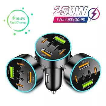 Автомобильное зарядное устройство для телефона USB 6 в 1 мощностью 250 Вт, 4 порта PD, 6 портов, сверхбыстрая зарядка в автомобиле для iPhone, Samsung, Huawei QC 3.0