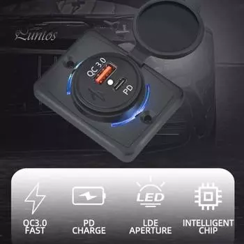 Автомобильное зарядное устройство Dual PD QC3.0 Socket 18 Вт + 18 Вт Адаптер для быстрой зарядки Панельное крепление Умный блок питания для автомобиля, лодки, квадроцикла, автофургона, разъем для iPhone чёрный