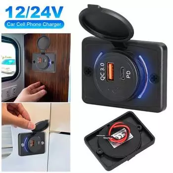 Автомобильное зарядное устройство Dual PD QC3.0 Socket 18 Вт + 18 Вт Адаптер для быстрой зарядки Панельное крепление Умный блок питания для автомобиля, лодки, квадроцикла, автофургона, разъем для iPhone